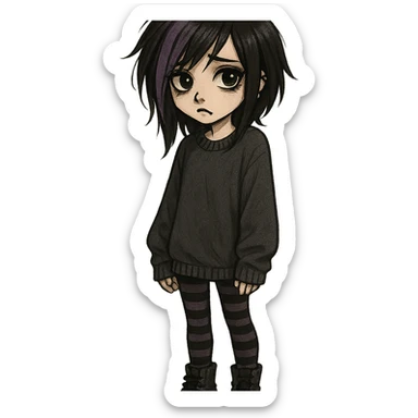 emo girl with oversized sweater, striped tights, purple hair streaks, expressive eyes sticker