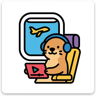 otter with headphones streaming on a tablet, airplane interior, color outline style sticker