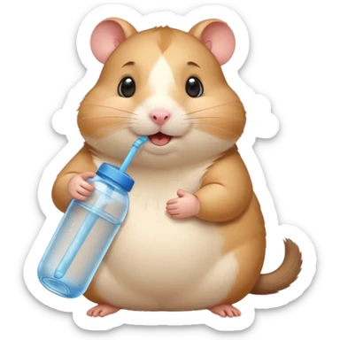Cute chubby cartoon-style hamster hugging an oversized water bottle, sipping with tiny straw, happy expression. Painterly shading, expressive eyes, white background, sticker-style illustration sticker