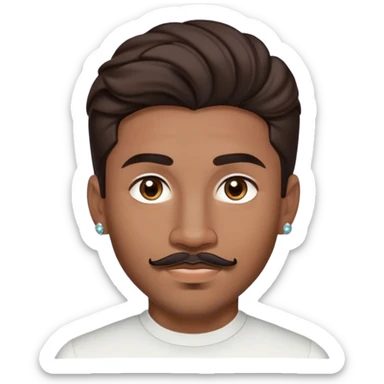 Young man with medium brown skin, mixed-race ethnicity, much longer wavy dark brown hair with a PERFECTLY CENTERED hair part that aligns EXACTLY with the middle of the face, mustache separated from goatee, medium brown eyes, very small diamond stud earrings in both ears, head only with absolutely no shoulders or torso sticker