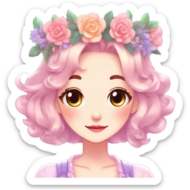 Gorgeous Shiny Colorful Pastel Anime Style Mature Lady with blushing face and pretty hair with a flower crown and antlers pastelcore kawaii cottagecore fairycore aesthetic trending style sticker
