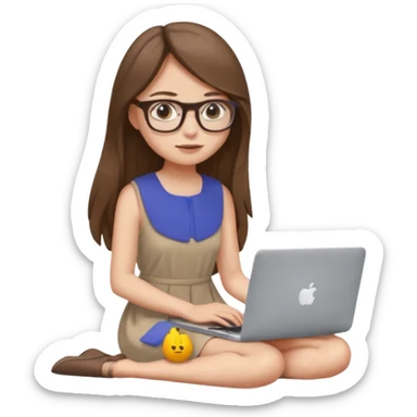 Girl in glasses,brown long hair, beige dress, sitting with gray MacBook sticker