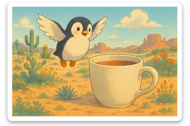 A whimsical penguin with wings, hovering in a desert landscape beside an oversized tea mug, ghibli-inspired style sticker
