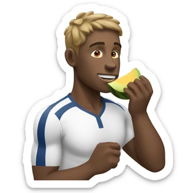 White man athlete eating fruit sticker