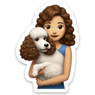 A girl with brown hair hugs a dog of that poodle breed sticker