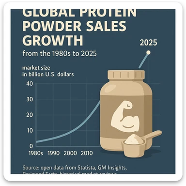 A gpt-style infographic chart showing global protein powder sales growth from the 1980s to 2025, based on open data from Statista, GM Insights, Packaged Facts, and historical market reviews.
It shows how the industry has grown from a niche market in the 1980s to a multi-billion dollar global market by 2020. sticker