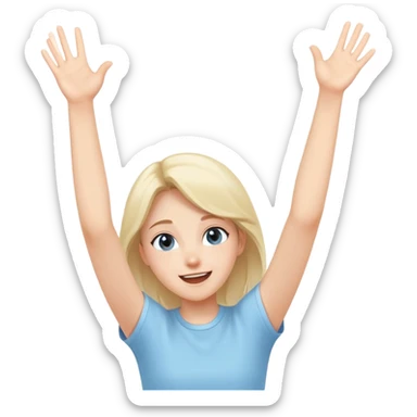 girl wearing pastel blue clothes with arms raised in excitement making a hurray celebration gesture sticker