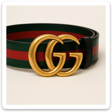 Change the belt band to green, black, and red stripes, keep the gold GG buckle and luxury look, maintaining a high-end fashion style. sticker