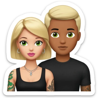 Brown skin blonde hair brown eyed barbie with her pale boyfriend with black short hair and green eyes with tattoos sticker