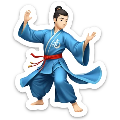 Emblem symbolizing Wushu martial arts. A graceful martial artist performs a dynamic kung fu pose, with flowing movements and a long, elegant robe. The background features stylized clouds and traditional Chinese symbols, representing fluidity, balance, and precision. Transparent background. sticker