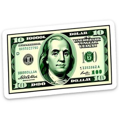 3D realistic US 100 dollar bill sticker, slight perspective, centered, clean cutout, transparent background, no text, no watermark sticker