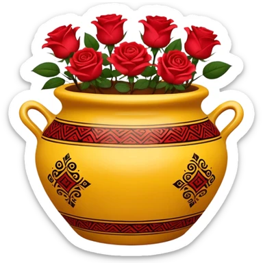 Yellow ceramic pot with red roses; the pot is decorated in an ethnic style. sticker