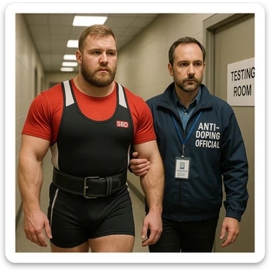European powerlifter in competition clothing escorted by anti-doping official to test room, control atmosphere, realistic details, corridor or federal area background. sticker