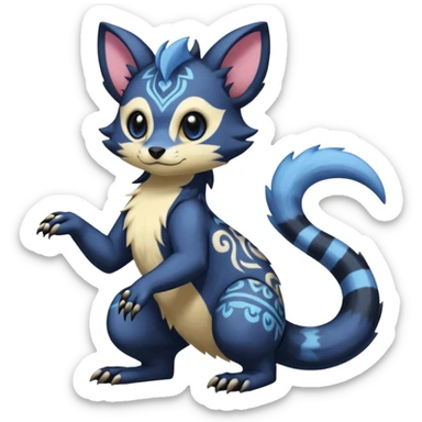 Rare warm-colored exotic cute epic aesthetic gothic colorful Salandit-Furret-Espurr-Meowstic-Civet-species-Fakemon-hybrid-creature, with tribal tattoo markings, full body sticker
