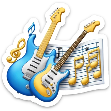 Create an elegant and dynamic emoji that represents music arrangement and orchestration. The design should feature musical notes, a synthesizer, drums, and an electric guitar, symbolizing the diverse instruments used in arranging and orchestrating music. Incorporate flowing lines to represent harmony and rhythm, with a subtle representation of sheet music. Use a combination of vibrant and classic colors like electric blue, gold, and silver, blending the electronic and traditional aspects of arrangement. The background should be transparent. sticker