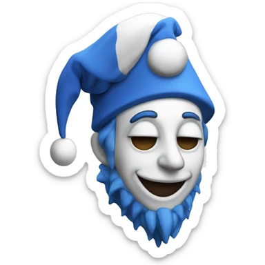 a blue and white moon-themed jester animatronic with a sleeping cap sticker