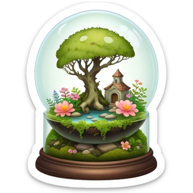 Mystical woodland glass-dome-terrarium-globe with moss and an animal-cadaver and flowers inside  sticker