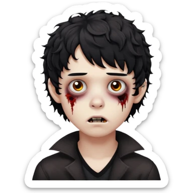 Boy, zombie, black curly wavy hair with bangs, short , round shaped hair, emo, dark, spooky, bored expression sticker