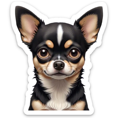 Cinematic Grumpy Black Tri Short Haired Chihuahua Portrait Emoji, Head tilted slightly with a deeply unimpressed expression, thick black tri-color fur with prominent white and tan patches, large, droopy dark eyes narrowed into an unamused glare, ears slightly drooping in exasperation, Simplified yet comically expressive features, highly detailed, glowing with a dry, sarcastic glow, high shine, effortlessly judgmental yet dignified, stylized with a touch of cynicism, bright but brooding, soft glowing outline, capturing the essence of an eternally unimpressed yet endearing pup, so lifelike it feels like it could sigh heavily at you in disdain at any moment! sticker