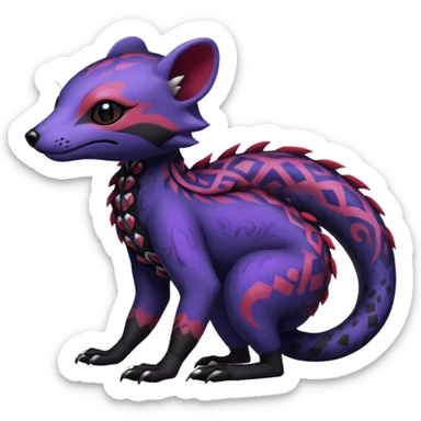 Rare warm-colored exotic gloomy tropical edgy cute epic aesthetic spooky indigo violet purple black red gothic colorful Salandit-Civet-species-Fakemon-hybrid-creature, with tribal tattoo markings, full body sticker