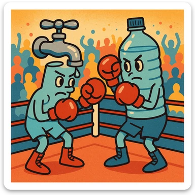 boxing challenge between tap water and plastic bottle, both personified as boxers, with ring, gloves, and stylized audience, colorful and simple style sticker
