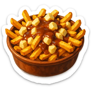 В слега рисованном, но при этом ярком и объемном стиле сгенерируй картинку сочного американского канадского блюда путин, профессионально выставленный свет, который подчеркивает объем, прозрачный фон sticker