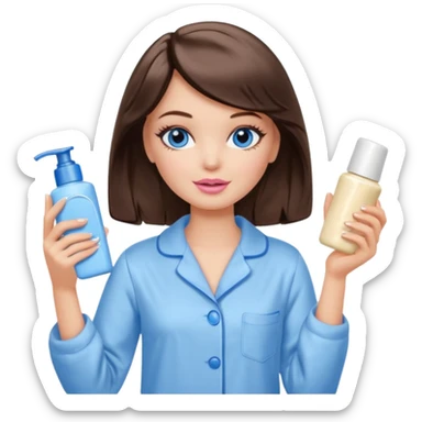 Barbie girl with makeup, blue eyes , and bob long haircut wavy, short brown hair in creamy color pajamas, face cream in hand sticker