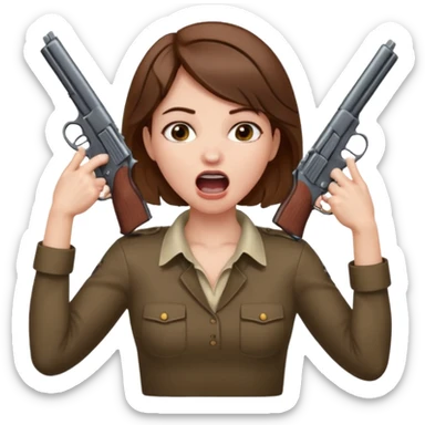 the woman emoji with brown hair and white skin choking herself  with both hands around her neck with her mouth open and two arms from behind her holding a gun in each hand point directly at her head sticker
