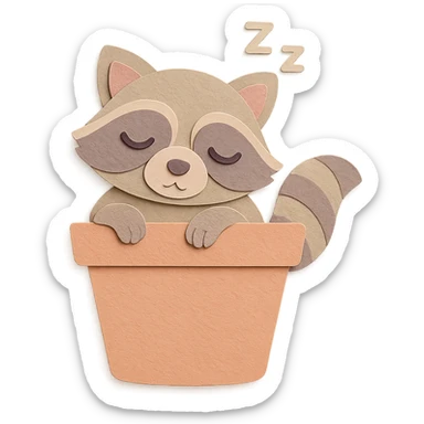 Sleepy raccoon inside a flower pot, pastel earthy colors, soft pastel colors, high-quality design, paper-craft style sticker