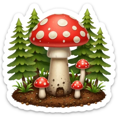 red magic mushroom wiht dirt sticker