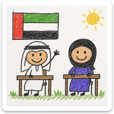 smiling Emirati boy and girl sitting at desks, one raising their hand, UAE flag draped on the wall, bright and engaging style for children sticker