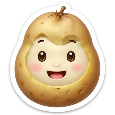 cute emoji-style character happily eating a potato, round face, big sparkling eyes, soft colors, blushing cheeks, holding a steaming potato with a bite taken out, friendly and cheerful expression, simple and adorable design like LINE or Kakao Friends style sticker