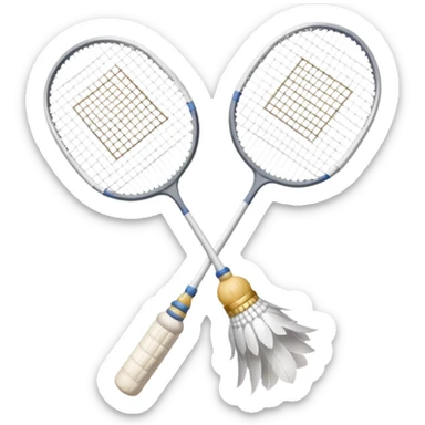 Two crossed badminton rackets with a shuttlecock resting in between, set against the faint outline of a badminton court. The image highlights the tools of the sport, with a subtle emphasis on the court's net and boundaries, symbolizing competition and skill. sticker