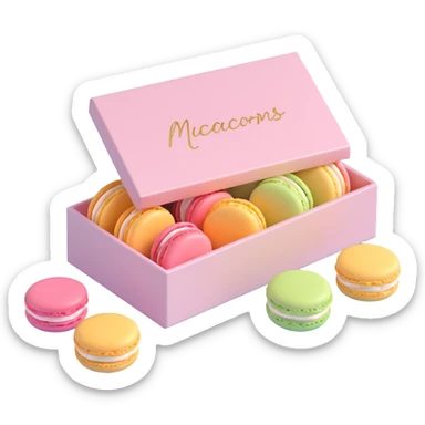 a box of macarons with a handwritten label, glossy, pastel colors, cozy and inviting, iOS 3D emoji style sticker