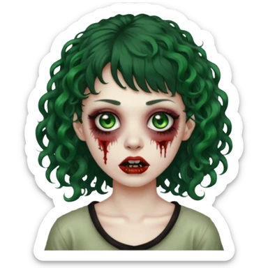zombie woman with curly hair, bangs, and a septum piercing. sticker