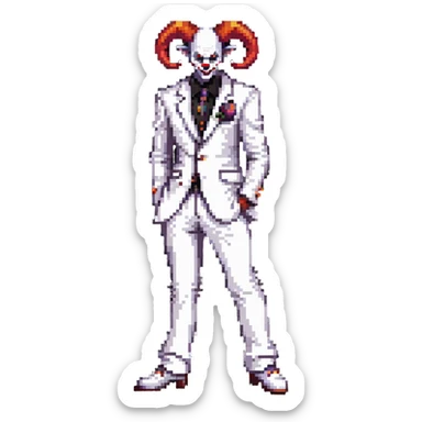 full-body demonic clown in a white leisure suit with bellbottom pants, bald, with black ram horns, wearing elevator shoes sticker