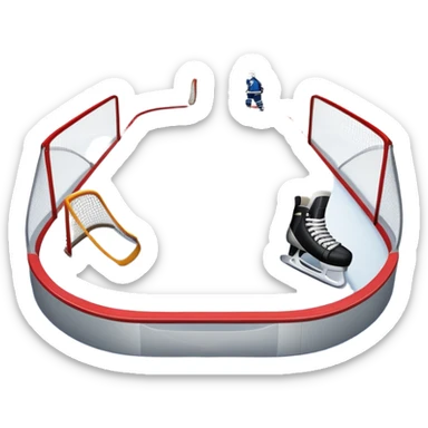 An icon showing a hockey stick, puck, skates, and goalposts on the ice. The background features a large hockey stadium with cheering fans, bright lights, and a snowy landscape visible through the arena. Transparent background highlights the main hockey equipment and atmosphere. sticker