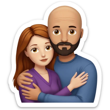 Couple. Bald man with dark brown-black beard. White woman with many small, faded freckles, she has white skin and she has auburn-yellow-brown-cinnamon, dark long hair. She has light brown eyes. The man have hazel eyes. Retro style. They hug. sticker