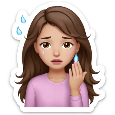 girl with wavy long brown hair, brown eyes, light to medium complexion, long lashes, light pink lipstick, wearing light pink shirt, weeping lots of big tears sticker