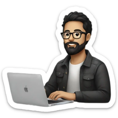 Designer with black hair, beard and glasses working with MacBook and drinking cappuccino  sticker