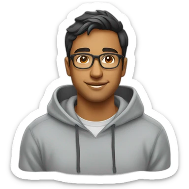 25 year old indian silicon valley creator economy startup founder wearing glasses in a gray sweatshirt sticker