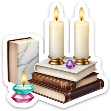 Aesthetic candles, flower petals, books, marble stand, gemstones sticker