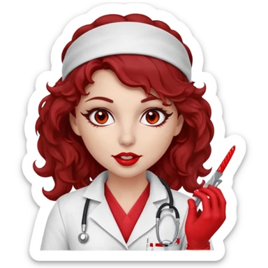 Lilith scalpel in hand, evil surgeon sexy surgeon clothes.  She has red eyes. Dark brown curly hair. Wears sexy doctor outfit with red gloves.covers her mouth necknose with red bandana to hide  her identity. Hair is long and brown hair is free but bandana must cover her mouth sticker