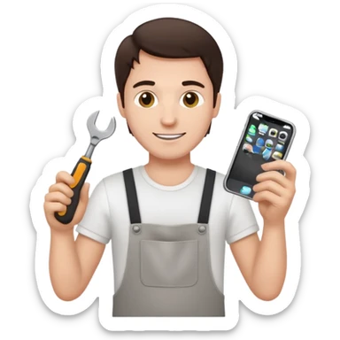 make a white guy with dark brown hair, with a simple white o grey shirt, repairing an iphone happy, tecnician with small tools sticker