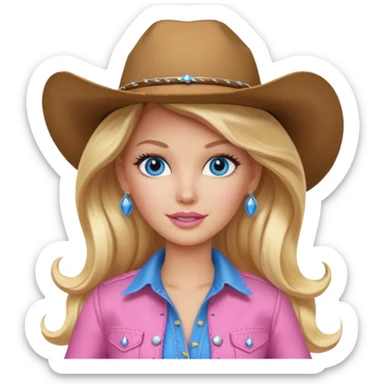 Cowgirl barbie in a pink outfit with cowboy hat with long blonde hair and blue eyes sticker