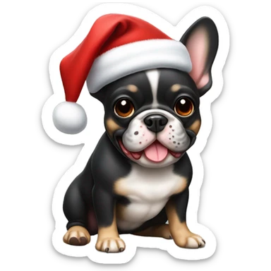 A small, black-and-tan French bulldog with a mostly black face and tan paws, wearing a classic red and white Santa hat, sitting happily with its tongue slightly out. sticker