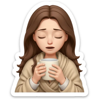 emoji-style illustration of a crying relaxed woman with long wavy brown hair, wrapped in a cozy beige blanket, holding a mug cup, eyes closed, sad and a bit anxious expression, soft 3D cartoon rendering, warm and comforting mood, plain background
 sticker