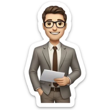Pale skinned fit man with dark brown hair in gray jacket, beige office shirt, brown tie, brown pants and vintage glasses Writing on the flipchart sticker
