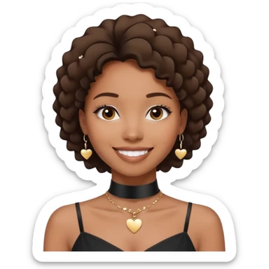  young African-American woman 
She is wearing a black dress and a choker necklace. The woman is smiling and looking directly at the camera. The background is blurred, but it appears to be a dark and moody setting with small white hearts scattered around. In the center of the image sticker