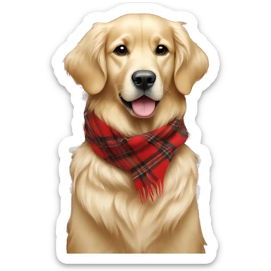 Cream color Golden retriever wearing a red plaid scarf sticker
